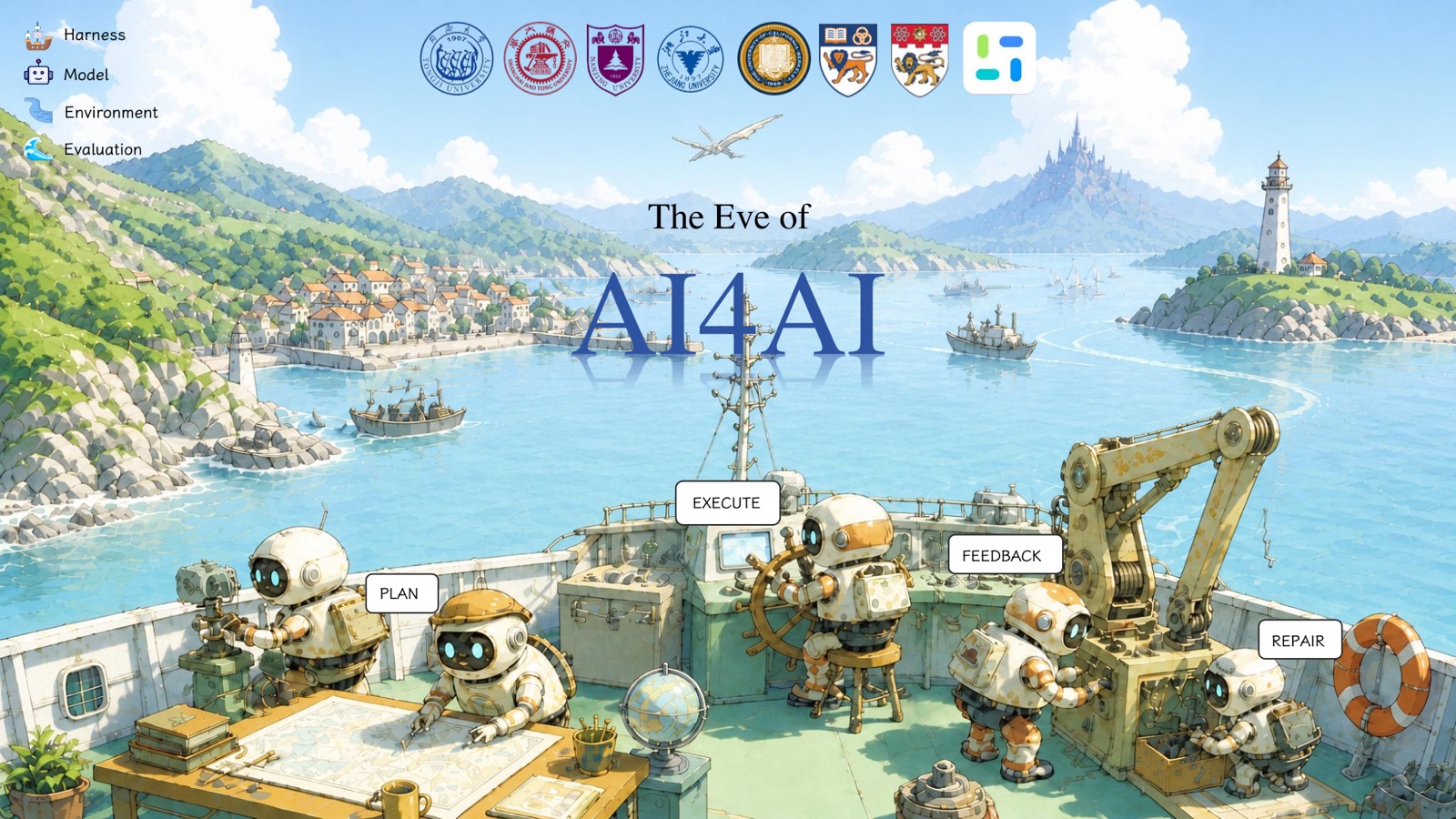 Cover illustration: four robots on a ship deck labelled plan, execute, feedback, and repair, under the title The Eve of AI4AI.